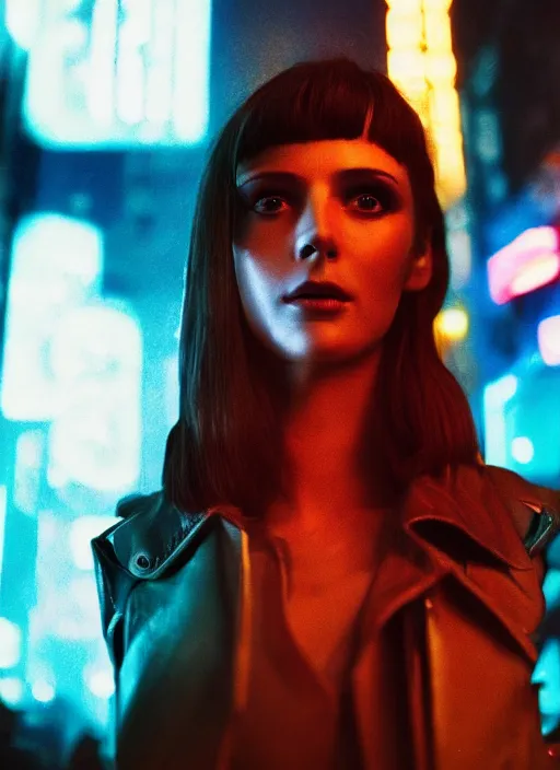 Image similar to A hyper realistic and detailed head portrait photography of a Rachael of Blade Runner on a futuristic street. by David Dubnitskiy. Neo noir style. Cinematic. neon lights glow in the background. Cinestill 800T film. Lens flare. Helios 44m