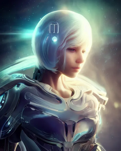 Image similar to photo of a android girl on a mothership, warframe armor, beautiful face, scifi, nebula, futuristic background, galaxy, raytracing, dreamy, focused, sparks of light, pure, long white hair, blue cyborg eyes, glowing, 8 k high definition, insanely detailed, intricate, innocent, art by akihiko yoshida, li zixin, woo kim