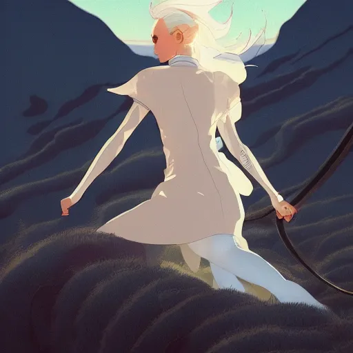 Prompt: vanishing point, white hair eva riding ready to fight, by victo ngai and makoto shinkai, partner, adiant light, minimalist, unreal engine 5, concept art ， highly rendered,, digital painting, artstation, concept art, smooth, sharp foccus, artstation hq