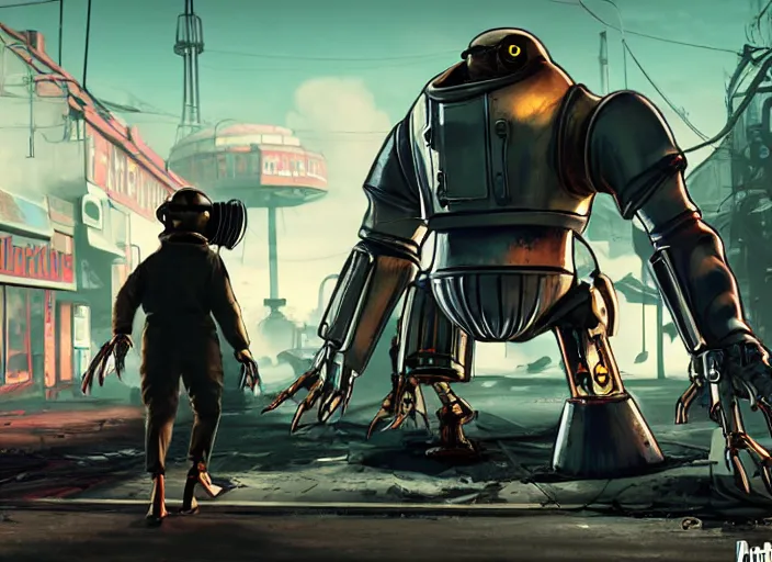 Image similar to cyber penguin in fallout 4, claws, horror scene, artgerm, rutkowski, tooth wu, beeple, and intricate