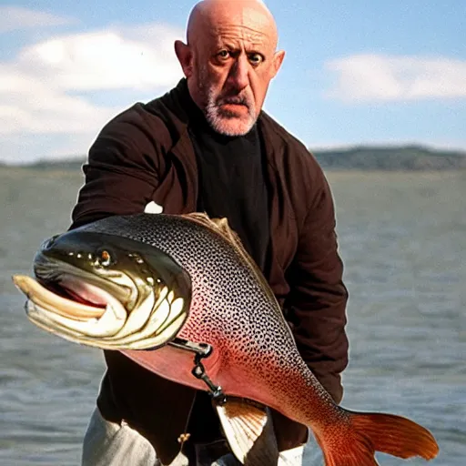 Image similar to mike ehrmantraut fighting another mike ehrmantraut holding a big trout fish big heads from breaking bad and better call saul