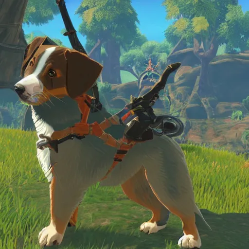 Prompt: australian shepherd with link in breath of the wild