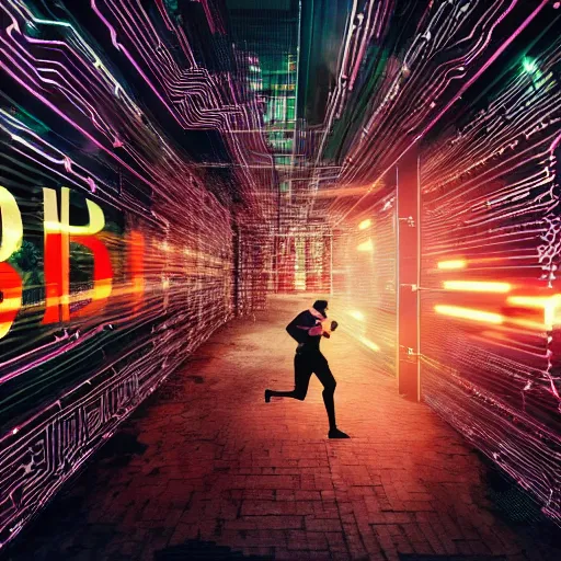 Image similar to people running away from cryptocurrency scared, bitcoin evil, cyberpunk art ultrarealistic 8k