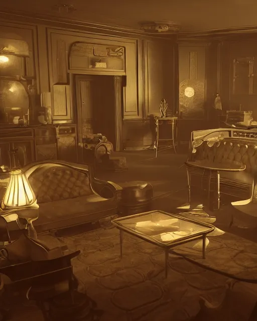 Prompt: artstation scifi scene of an american room in 1 9 2 0 s, lounge furniture, large terrarium, beds, paneled walls, unreal engine 5, hyper realism, realistic shading, cinematic composition, blender render, octane render, hdr, detailed textures, photorealistic, wide shot