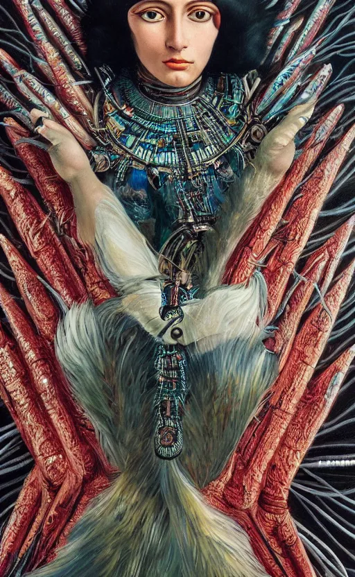 Prompt: native chieftain queen, piercing glowing eyes, elegant, fashion, vogue poses, striking composition, highly detailed ornate sci fi background, vivid details, amalgamation of nature and technology, wires, glowing tubes, beautiful composition, painting in the style of sandro botticelli, caravaggio, albrecth durer, 8k