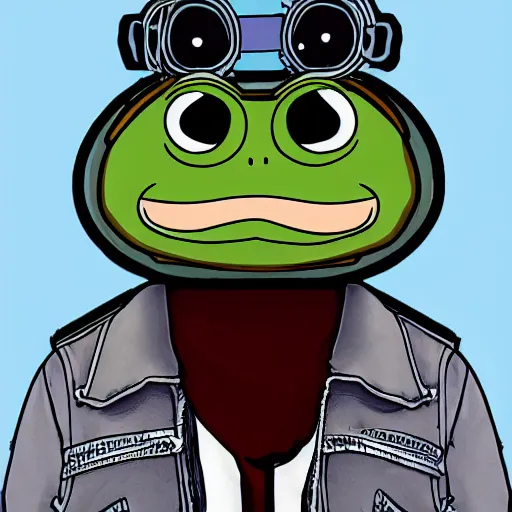 Image similar to pepe the frog head from 4chan on the body of a cartoon dog wearing a leather jacket and jeans