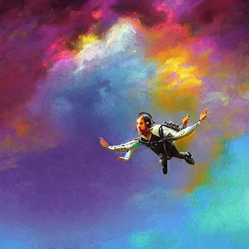 Prompt: egyptian man with curly hair skydiving, centered in frame, pastel colors, dreamy colors, digital painting, oil painting, sharp detail, impressionist painting, vintage, intricate details, dreamy