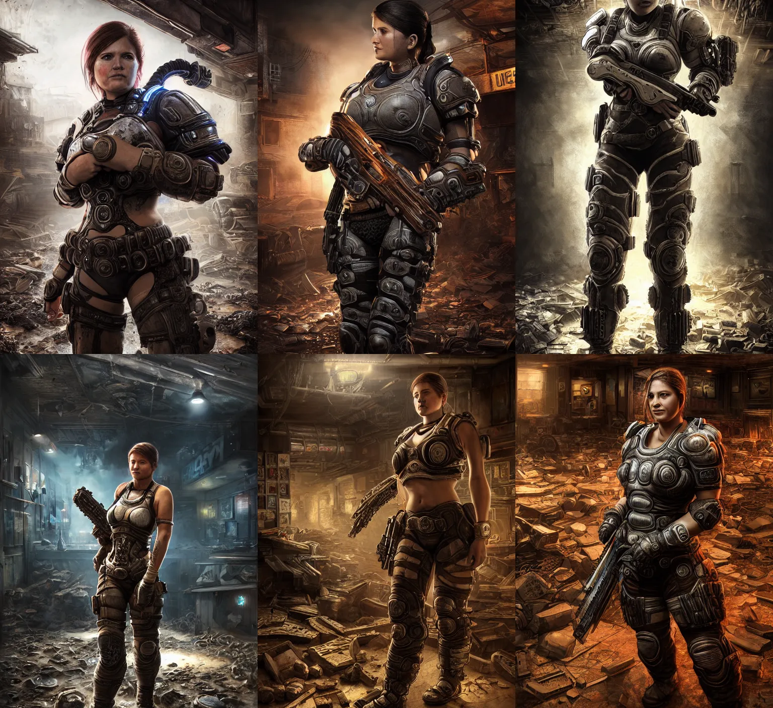 Prompt: hyper detailed ultra sharp full body character portrait of a woman wearing gears of war armor standing in a destroyed dive bar, with a realistically proportioned face, cinematic lighting, good value control, smooth, realistic shading, realistic face details, smooth, highly detailed, digital painting, painted texture maps, illustration, concept art, painted texture maps, substance painter