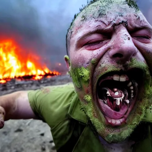 Image similar to selfie of a ukrainian screaming in pain and terrible injuries from a nuclear explosion, everything is on fire and radiation, in the background there are a lot of people like zombies, corpses and skeletons, a large nuclear explosion in the background, people are painted in yellow - blue cheers, all dirty with severed limbs, bad day