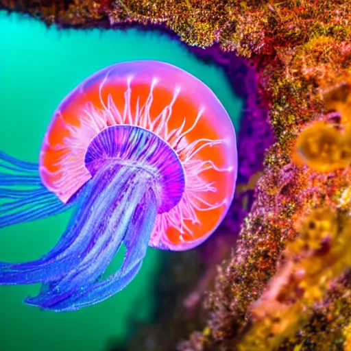 Prompt: award winning underwater photo of a breathtaking jellyfish, colorful Cyanea Capillata made of pure energy, bokeh, god's rays, Sigma 10-20mm