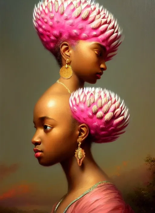 Prompt: stunning african princess, detailed pink and white protea head peace against a black backdrop by ivan aivazovsky, wlop, oil painting, beautiful soft lighting, muted colours, artstation