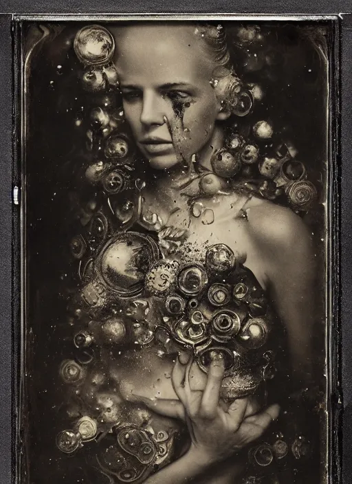 Image similar to old wetplate daguerreotype portrait of the birth of a female super hero, explosion of data fragments, fractal, intricate, elegant, highly detailed, parallax, leica, medium format, subsurface scattering, by jheronimus bosch and greg rutkowski and louis jacques mande daguerre