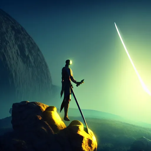 Image similar to sword standing on a glowing rock, distant planet in background, fog, glow, sharp, 4 k, lens flare, highly detailed digital art, trending on artstation