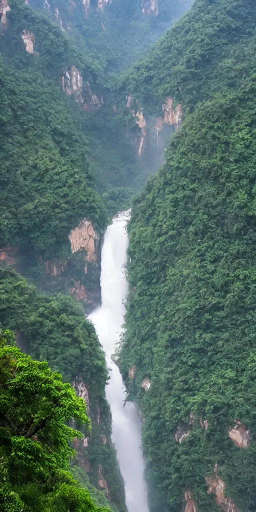 Image similar to a Cloudy peak in southern China with one waterfall, the style of National Geographic magazine