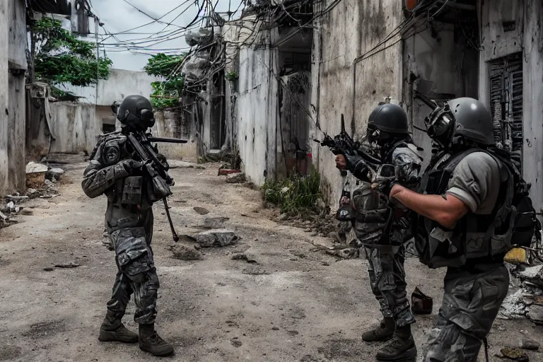 Prompt: Mercenary Special Forces soldiers in grey uniforms with black armored vest and black helmets in urban warfare in Thailand 2022, Canon EOS R3, f/1.4, ISO 200, 1/160s, 8K, RAW, unedited, symmetrical balance, in-frame, combat photography