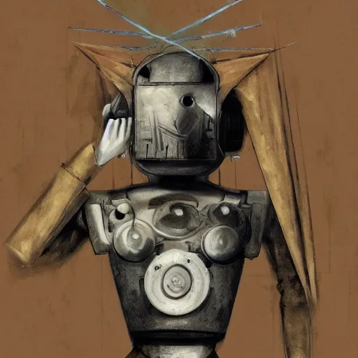 Prompt: a fullmetal wired wild robot daydreaming about theatre plays, oil con canvas by dave mckean and james jean