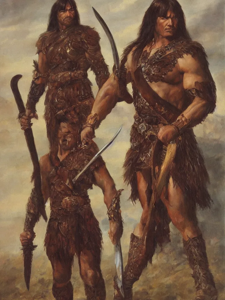 Prompt: a full body portrait of Conan the barbarian holding a sword, oil painting by Solomon j Solomon, hd, sharp focus,