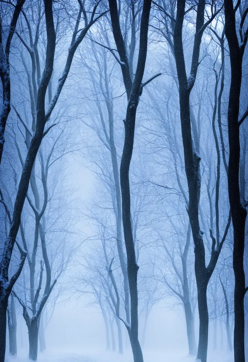Image similar to eerie photo of a backlit path in the middle of a frozen winter morning spooky forest, treelined, fog, award winning photography, mystical, ultra high definition, ultra detailed,