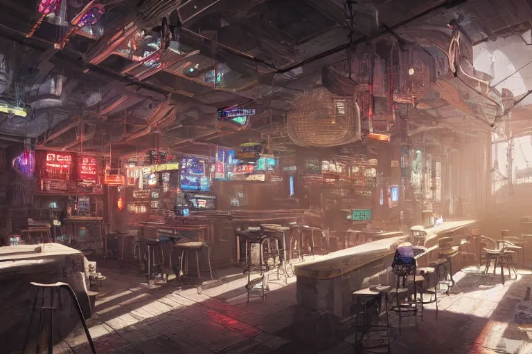 Prompt: Highly detailed Digital concept interior design in style of Hiromasa Ogura and Josan Gonzalez of cyberpunk tavern with stone walls and neon lights, a lot of electronics, many details. Natural white sunlight from the transperient roof. Rendered in VRAY and DaVinci Resolve and MAXWELL and LUMION 3D, Volumetric natural light