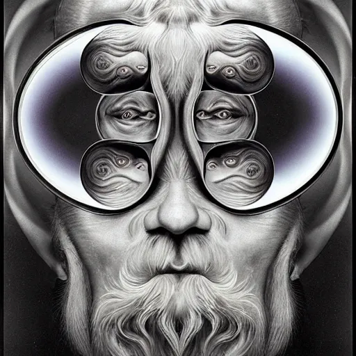 Prompt: a beautiful composition of deeply moving genius, flawless and incredible facial portraiture, depicting Father Time who has two faces and is regarding himself as if in the mirror; wondrous futuristic digital paint, by M. C. Escher