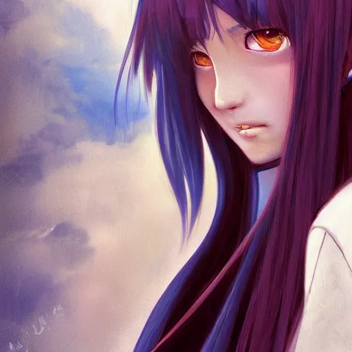 Image similar to profile shot of rimuru tempest, sky blue, straight hair, long bangs, amber eyes, wearing a black jacket!! with white stripes, high collar, highly detailed, unreal engine 5, digital painting, cinematic, wlop | artgerm, pixiv, yoshitaka amano, greg rutkowski, ilya kuvshinov, andy warhol