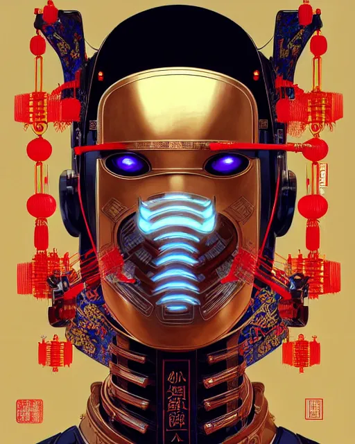 Image similar to portrait of a chinese cyberpunk machine, machine face, robed, upper half portrait, decorated with chinese opera motifs regal royal fierce machine robot cyberpunk fine china, wuxia, traditional chinese art intricate intense elegant highly detailed digital painting artstation concept art smooth sharp focus illustration, art by artgerm and greg rutkowski alphonse mucha 8 k