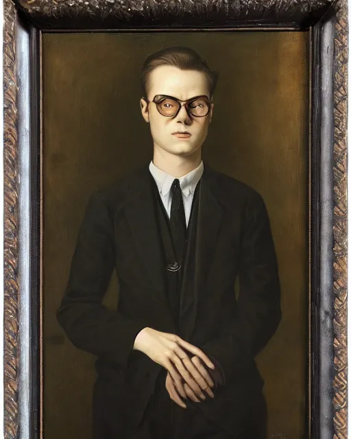 Image similar to portrait of young man wearing black medical mask, suit and tie, style of james c. christensen