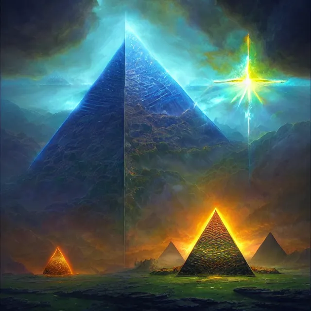 Image similar to the illuminati eye pyramid, a fantasy magical landscape seen in the distance, atmospheric lighting, intricate, volumetric lighting, beautiful, sharp focus, ultra detailed, in the art style of marc simonetti, bowater charlie and brom gerald, astrophotography