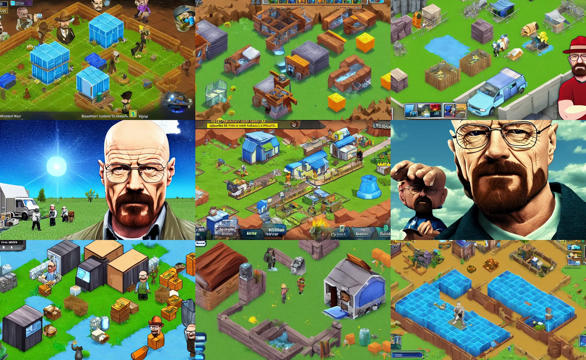 Prompt: walter white heisenberg\'s breaking bad blue crystal farming mobile game hay day supercell