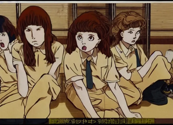 Image similar to screenshot from 8 0's horror guro anime, yellowed grainy noisy vhs footage, few schoolgirls trapped in a bathroom, stalls and sinks and tiled floor, sad scared girls are in beige sailor school uniforms, sitting on the floor, yelling at one another, detailed expressive faces, various hair colors and styles, expressive beautiful eyes in the style of ghibli,