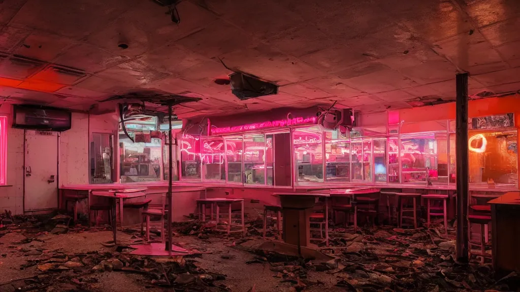 Image similar to the inside of an abandoned 5 0's diner at night, by lee madgwick, pink and orange neon lights, highly detailed interior, artstation trending, cryenging 8 k uhd