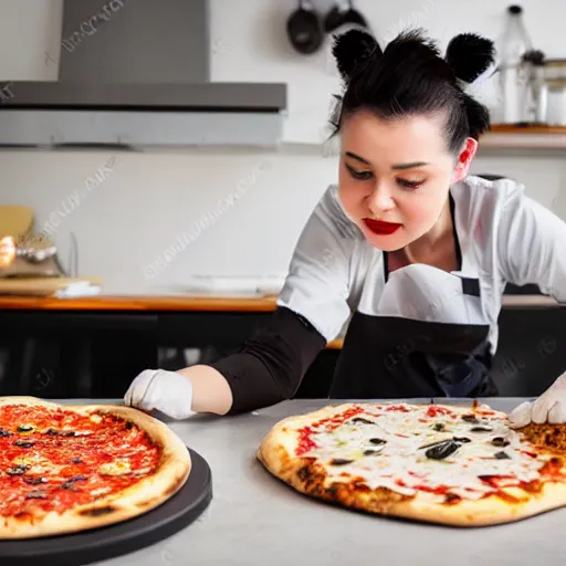Image similar to black and white exotic shorthair making pizza in a modern kitchen, realistic photo,