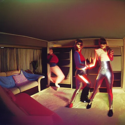 Prompt: first-person perspective view of people wearing shiny skiwear having a party inside of a 1970s luxury bungalow with a sunken living room, at dusk, ektachrome photograph, f8 aperture