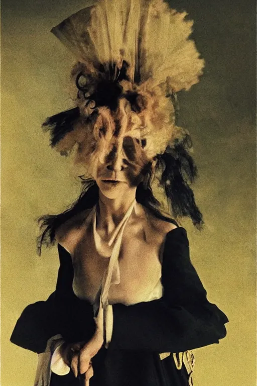 Image similar to hyperrealism fashion portrait by Roversi photo from The Holy Mountain by Alejandro Jodorowsky in style of Francisco Goya