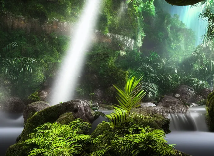 Prompt: great jungle turquiose waterfall, highly detailed, mist, god rays, cinematic, cinematic lighting, octane render, ultra details, 8K