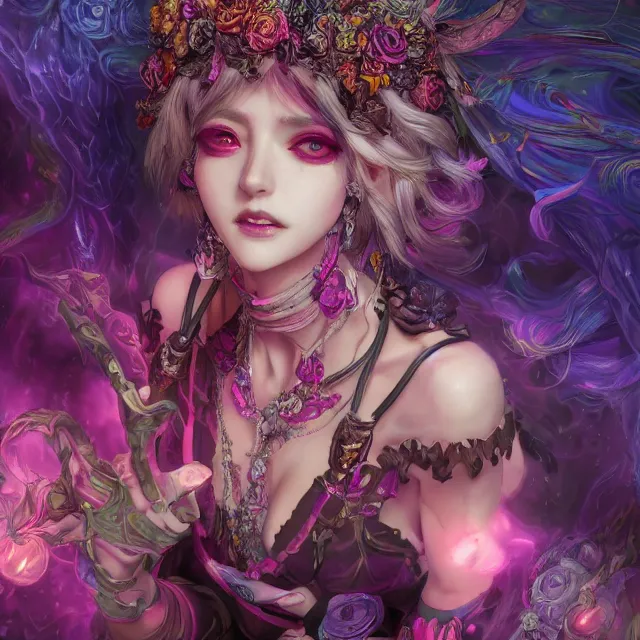Prompt: the portrait of chaotic evil fallen sensual colorful female necromancer overlord as absurdly beautiful, gorgeous, elegant, young idol, an ultrafine hyperdetailed illustration by kim jung gi, detailed faces, intricate linework, octopath traveler, final fantasy, unreal engine 5 highly rendered, global illumination, radiant light, highly detailed and intricate environment