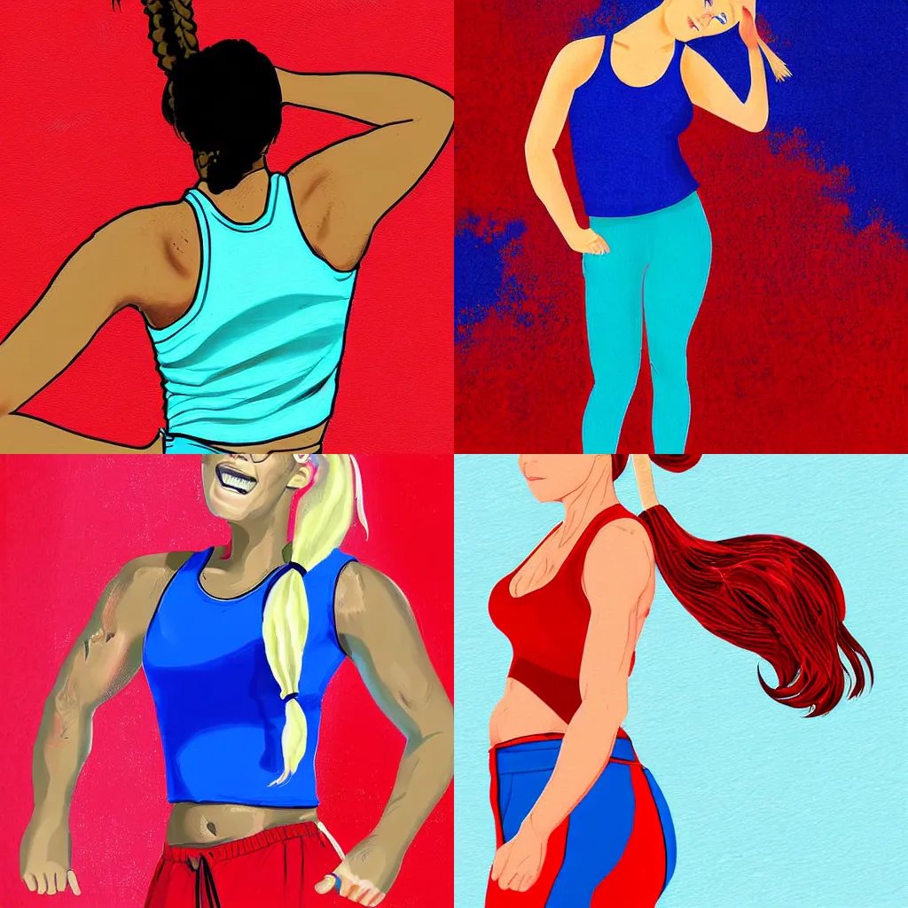 Prompt: digital art illustration, an athletic young woman with blonde ponytails, wearing a red tank top and voluminous blue pants, painted by Disney