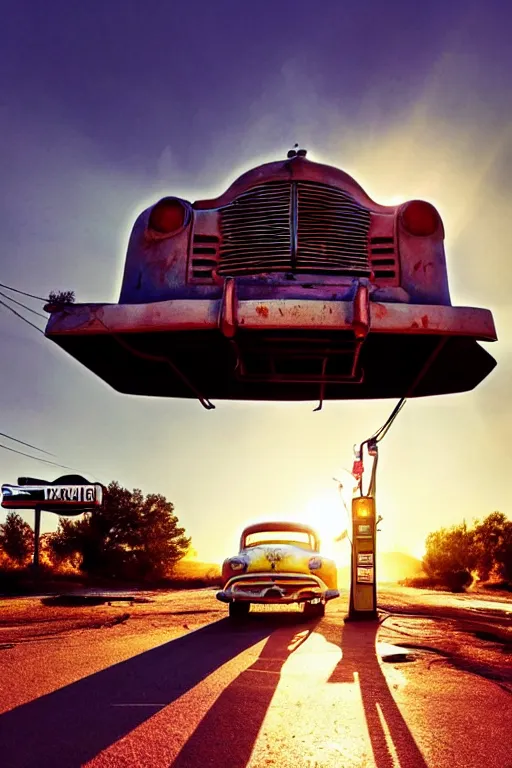 Image similar to a sunset light landscape with historical route 6 6, lots of sparkling details and sun ray ’ s, blinding backlight, smoke, volumetric lighting, colorful, octane, 3 5 mm, abandoned gas station, old rusty pickup - truck, beautiful epic colored reflections, very colorful heavenly, softlight