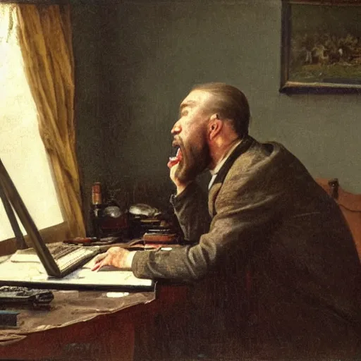 Image similar to an angry man yells at his computer monitor, oil on canvas, 1 8 8 3, highly detailed