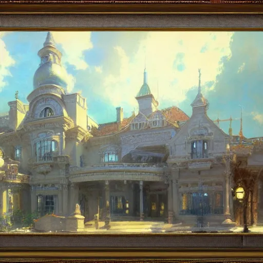 Image similar to detailed cinematic wide shot of sucession mansion design spring light, painting by gaston bussiere, craig mullins, j. c. leyendecker