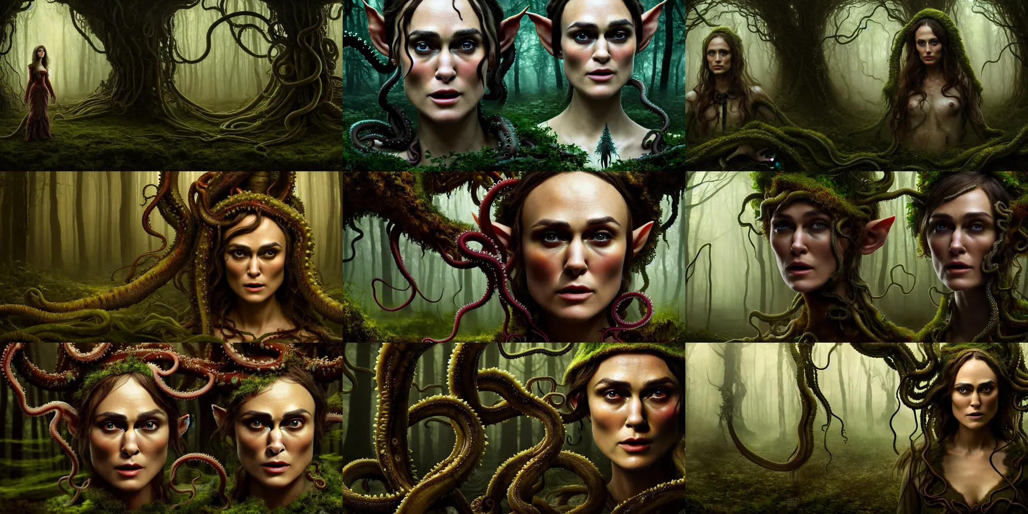 Prompt: matte oil painting of a cosmic horror monstrosity ( tentacles ) inside of forest with elf woman ( closeup portrait keira knightly dressed as villager ) forest, extremely detailed, disturbing, cinematic, 4 k, 8 k