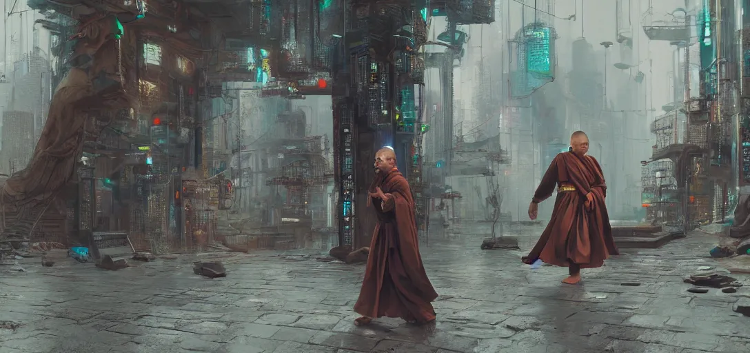 Image similar to monk meditation in a cyberpunk world with people walking around wearing vr headset by eugene von guerard, ivan shishkin, concept art, trending on artstation