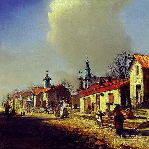 Image similar to scene of an Eastern European village, summer, oil painting, in the style of Peredvizhniki, by Alexei Savrasov