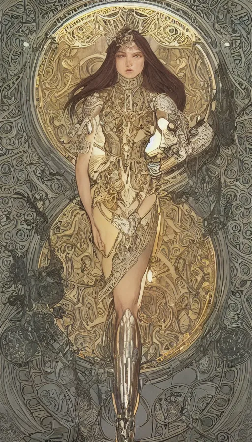 Image similar to soldiers in silver armor, highly detailed, very intricate, art nouveau, gold filigree, left right symmetry, tarot concept art watercolor illustration by mandy jurgens and alphonse mucha and alena aenami, featured on artstation