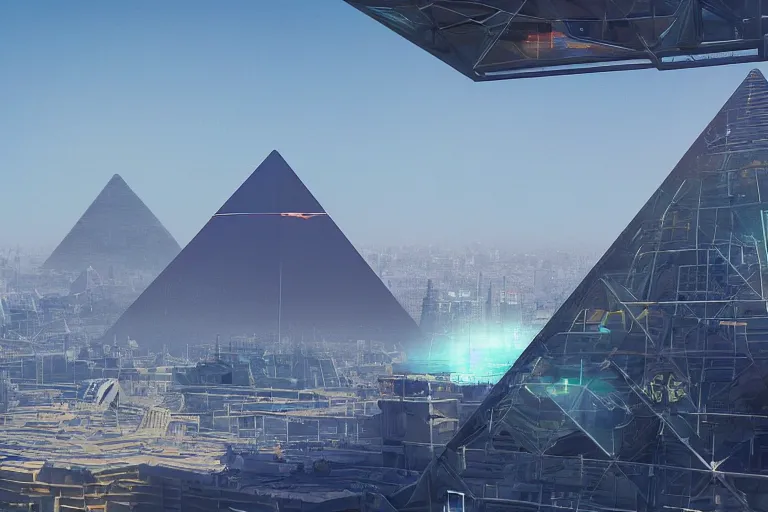 Prompt: concept art of levetating see through pyramid above a highly detailed mechanical landing pad, futuristic city in background, by beeple, artstation, CG society, blue skies