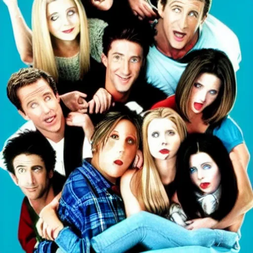 Prompt: a horror movie poster featuring the cast of Friends tv serie