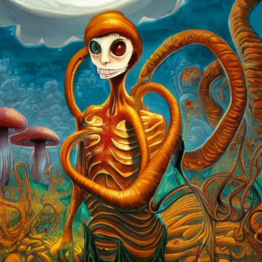 Image similar to A centered chest up portrait of a psychedelic demonic anthropomorphic snake smoking a hand-rolled cigarette smoking heavily , magic mushroom village in background , award winning. superb resolution. in the art style of junji Ito and greg rutkowski . Detailed Mushroom city in background. Hyper realistic anime. Perfect art. Dalle2