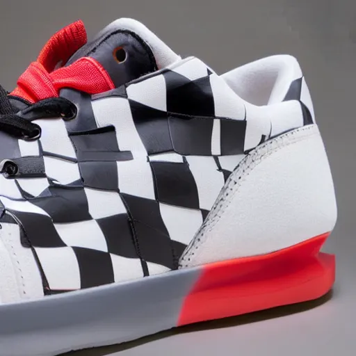 Image similar to sport shoes with checkerboard pattern, product photo, studio lighting, highly detailed