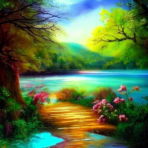 Image similar to lakeside, dreamlike, bright colors, fantasy,