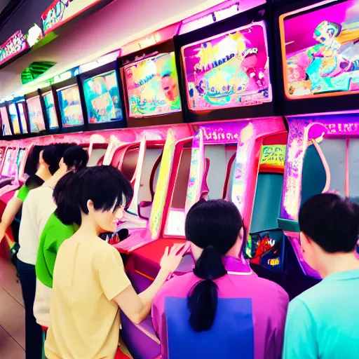 Prompt: a bunch of people at a japanese arcade pastel colors